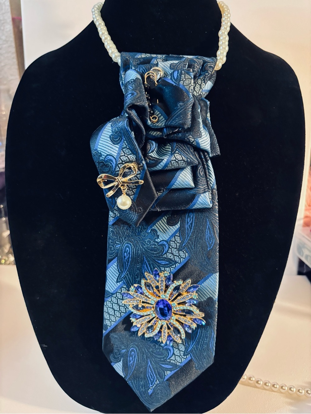 Blue Paisley Statement Scarf Necklace with Pearl Strand and Gold Accents